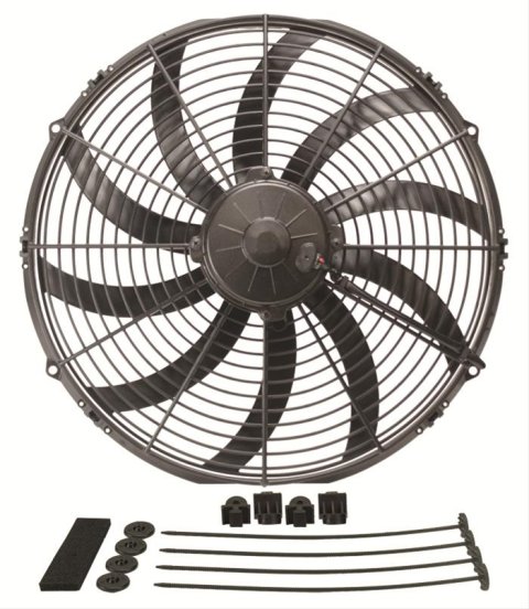 16 Inch 2,024 CFM Derale High-Output Curved Blade Fan 16116 Fan, Electric, Single, cfm., 16.250 in. Height, 15.688 in. Width, Puller, Each