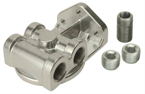 Derale Remote Filter Mounts 25049 Oil Mount, Single Filter, Dual 3/8 in. NPT Inlet/Outlet, 3/4 in.-16 Thread Filter, Aluminum, Each