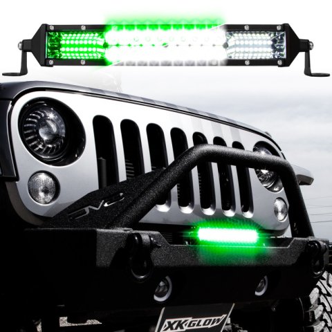 XK Glow Razor 5,400 Lumens 20 Inch LED Light Bar XK063020 Auxiliary Light, 2-in-1 Bar, Spot/Flood Style, LED, White/Green, Rectangular, Clear Lens, 12-24 V, Black Housing, in. Length, Each