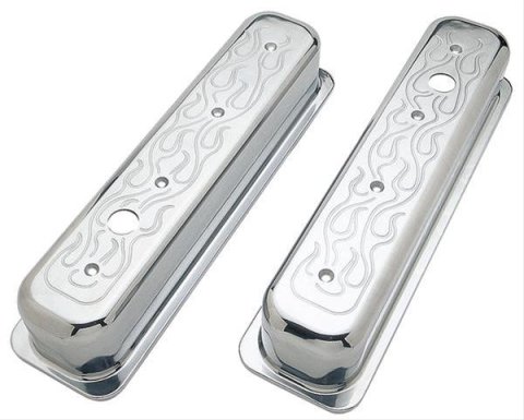 Trans-Dapt Performance Diecast Aluminum Valve Covers 6987 Covers, Tall, Cast Aluminum, Polished, Flames, Centerbolt, Chevy, Small Block, Pair