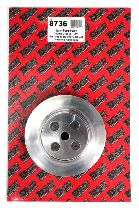 Trans-Dapt Performance Powdercoated Pulleys 8736 Water Pump Pulley, Billet Aluminum, 2-Groove, 6.250 in. Diameter, Polished, Chevy, Big Block, Long Pump, Each
