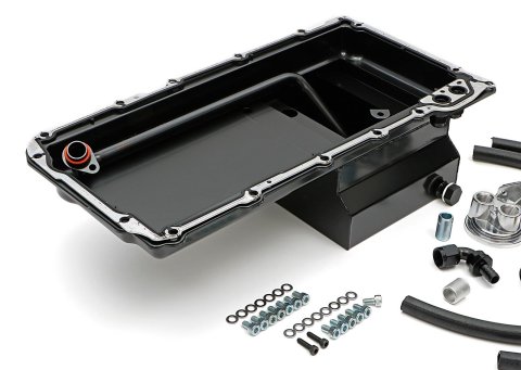 Trans-Dapt Performance Products Oil Pans 0180 Pan & Filter Kit, LS Engine Swap Pan & Remote Sngl Filter Base Combo Kit; Vertical Port, Black Pan 7Qt