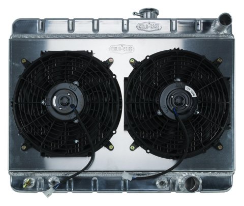 Cold Case Performance Aluminum Radiator Modules for 1964-1965 GTO - GPG19AK Radiator, Performance, Module, Aluminum, Polished, Downflow, 2 Row, Transmission Cooler, Dual 12 in. Fans, Pontiac, Kit