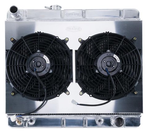 Cold Case Performance Aluminum Radiator Modules for 1964-1967 GTO, LEMANS, TEMPEST - GPG34ASK Radiator, Performance, Module, Aluminum, Polished, Downflow, 2 Row, Transmission Cooler, Dual 12 in. Fans, Heavy Duty, Pontiac, Kit