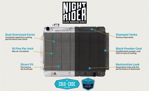 Cold Case Night Rider Series Performance Aluminum Radiators GPG38AB Radiator, Performance, Aluminum, Black, Downflow, 2 Row, Transmission Cooler, V8, Pontiac, GTO, With A/C, Each