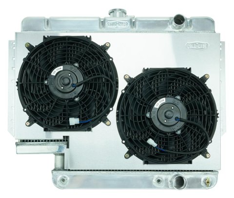Cold Case Performance Aluminum Radiator Modules for 1961-1965 IMPALA - CHI565A-5K Radiator, Performance, Module, Aluminum, Polished, Downflow, 2 Row, Transmission Cooler, Dual 12 in. Fans, Chevy, 500 Steering Box, Kit