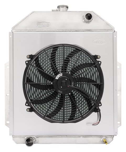 Cold Case Performance Aluminum Radiators for 1948-1952 F-1, F-2 - FOT572AK Radiator, Downflow, Aluminum, Polished, Single Fan, Shroud, Ford, Kit