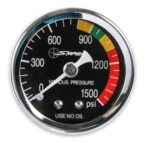 NOS Sniper Nitrous Gauges 15932NOS Gauge, Pressure, 0-1,500 psi, 1 1/2 in., Analog, Mechanical, Black Face, Each