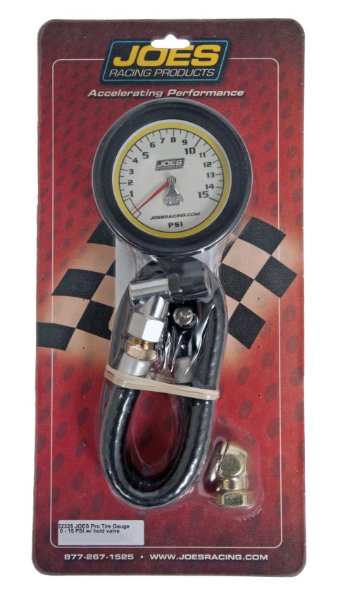 JOES Racing Products Pro Tire Gauges 32325 Pressure Gauge, Series, Glow-In-The-Dark, Analog, 0 - 15 psi, 2.50 in. Diameter, Each