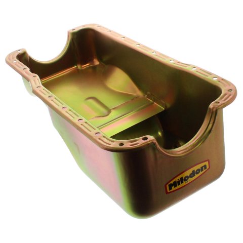 Milodon Stock Replacement Oil Pans 30720 Pan, Steel, Gold Iridite, 5 qt., Ford, 289/302, Pre-1973 Front Sump Chassis, Int Control Baffles, Each