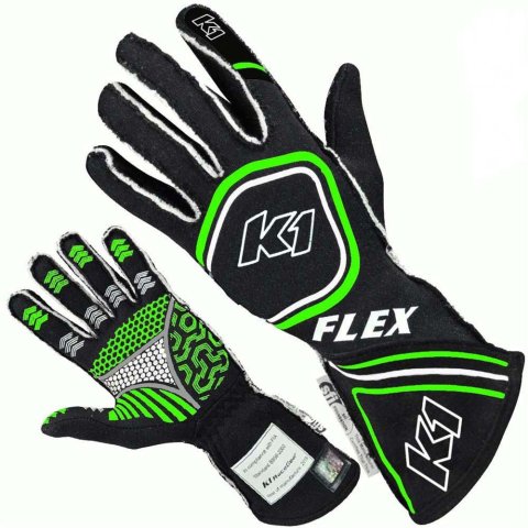 K1 RaceGear FLEX Gloves 23-FLX-NFV-M Driving Gloves, Gloves, Two Layers, Nomex®, Black/Green Fluorescent, SFI 3.3/5, FIA 8856-2000, Medium, Pair