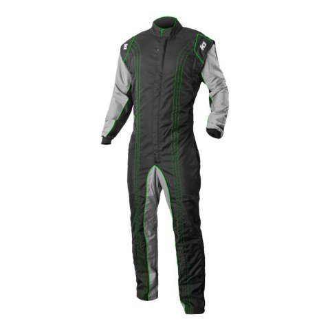 K1 RaceGear GK2 Karting Suits 10-GK2-V-LXL Driving Suit, Suit, One-piece, One Layer, Cotton/Polyester, Black/Gray with Green Stripes, Men's Large/X-Large, Each