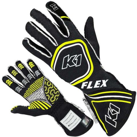 K1 RaceGear FLEX Gloves 23-FLX-NFY-L Driving Gloves, Gloves, Two Layers, Nomex®, Black/Yellow Fluorescent, SFI 3.3/5, FIA 8856-2000, Large, Pair