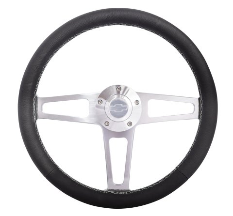 Grant Billet T-Series Steering Wheels 1911 Wheel, T Series, Aluminum, Polished, Leather/Black, 3-Spoke, 14 in. Diameter, 5-Bolt mount, Bowtie Logo Horn Button, Each