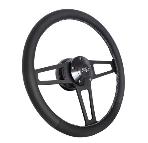 Grant Billet T-Series Steering Wheels 1918 Wheel, T Series, Aluminum, Black, Leather/Black, 3-Spoke, 14 in. Diameter, 5-Bolt mount, Ford Logo Horn Button, Each