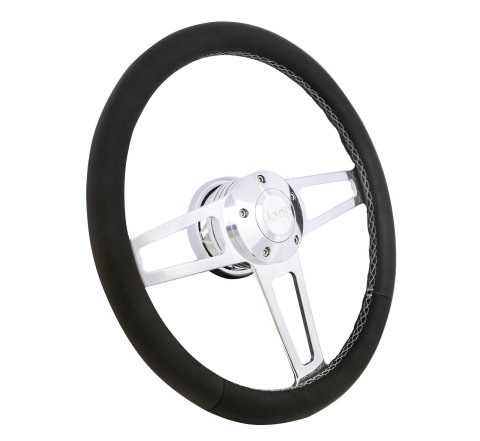 Grant Billet T-Series Steering Wheels 1914 Wheel, T Series, Aluminum, Polished, Leather/Black, 3-Spoke, 14 in. Diameter, 5-Bolt mount, Jeep Logo Horn Button, Each