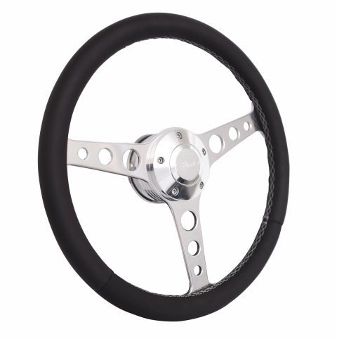 Grant Billet Classic Series Steering Wheels 1922 Wheel, Series, Aluminum, Polished, Leather/Black, 3-Spoke, 14 in. Diameter, 5-Bolt mount, Ford Logo Horn Button, Each