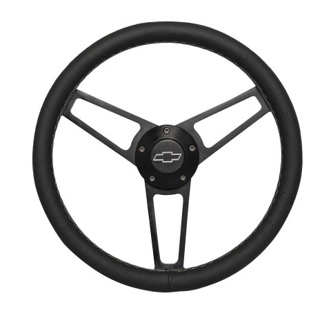 Grant Billet Steering Wheels 1906-2 Wheels, Series, 14.75 in. Diameter, Leather Grip, Aluminum, 3-Spoke, Black, with Chevy Bowtie Horn Button, Install Hub, Chevy, Each