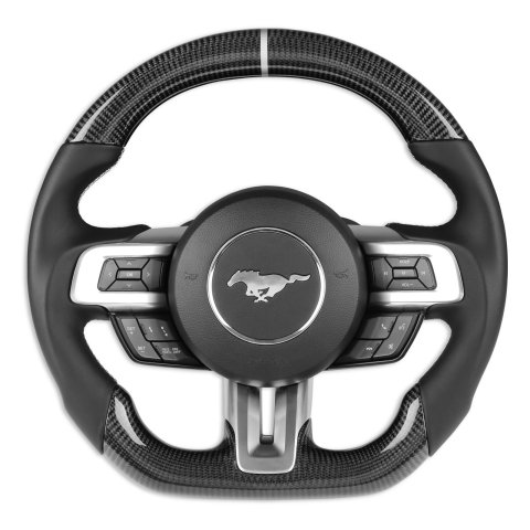 Drake Steering Wheels MU950-05 Wheel, Carbon Fiber with Leather Grips, 3 Spoke, Flat Bottom, Silver Stitching, Reuse Airbag and Factory Controls, Black, Ford, Each
