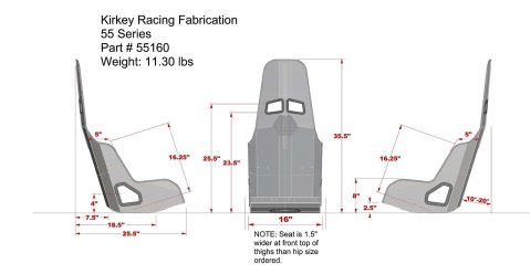 Kirkey 55 Series Aluminum Pro Street Drag Seats 55160 Seat, Drag, Highback Bucket, 18 degree Layback, Aluminum, Natural, 16.00 in. Width, Each