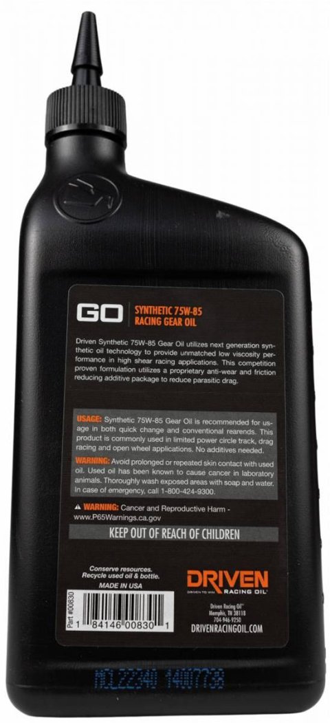 75W85 Driven Racing Oil Super Speedway Synthetic Gear 00830 Oil, Speedway, Racing, Synthetic, 75W85, 1 Quart, Each