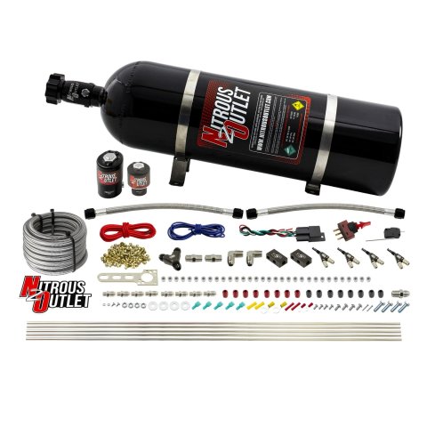 Nitrous Outlet Oxide Systems 00-10363-15 4 Cyl 2 Sol Direct Port Sys w/Dist Blocks Hi PSI(15Lb Bottle)(90° Noz)