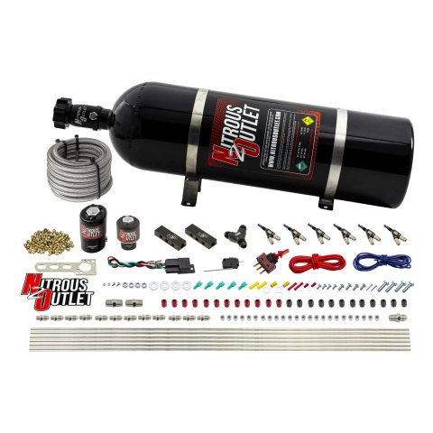 Nitrous Outlet Oxide Systems 00-10399-15 6 Cyl 2 Sol Direct Port Sys w/ Dist Blocks Hi PSI(15Lb Bottle)(90° Noz)