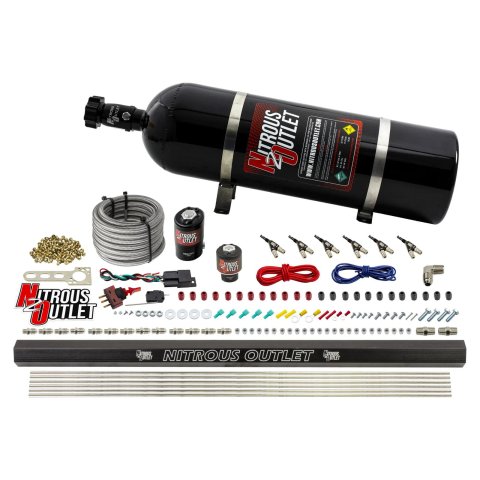 Nitrous Outlet Oxide Systems 00-10398-ALC-15 6 Cyl 2 Sol Direct Port Sys w/Dist Blocks ALC Low PSI(15Lb Bottle)(90° Noz)
