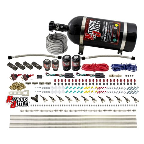 Nitrous Outlet Oxide Systems 00-10399-DS-10 DS 6 Cyl 4 Sol Direct Port Sys w/ Dist Blocks Hi PSI(10Lb Bottle)(90° Noz)