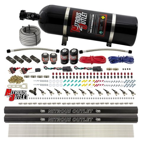 Nitrous Outlet Oxide Systems 00-10399-DS-15 DS 6 Cyl 4 Sol Direct Port Sys w/ Dist Blocks Hi PSI(15Lb Bottle)(90° Noz)