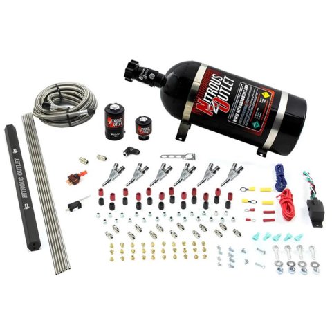 Nitrous Outlet Oxide Systems 00-10399-R-12 6 Cyl 2 Sol Direct Port Sys w/ Single Rail Hi PSI(12Lb Bottle)(90° Noz)