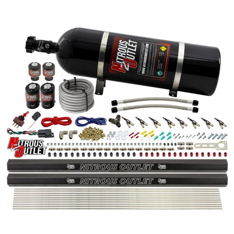 Nitrous Outlet Direct Port Systems 00-10474-L-R-15 8 Cyl 4 Sol Sys w/ Dual Rails Low PSI(15Lb Bottle)(90° Noz)