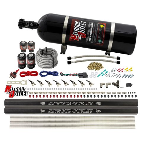 Nitrous Outlet Oxide Systems 00-10475-H-R-15 8 Cyl 4 Sol Direct Port Sys w/ Dual Rails Hi PSI(15Lb Bottle)(90° Noz)