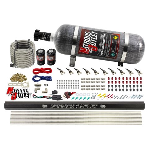 Nitrous Outlet Oxide Systems 00-10495-R-12 10 Cyl 2 Sol Direct Port Sys w/ Single Rail Hi PSI(12Lb Bottle)(90° Noz)