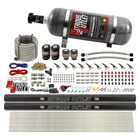 Nitrous Outlet Oxide Systems 00-10497-R-12 10 Cyl 4 Sol Direct Port Sys w/ Dual Rail Hi PSI(12Lb Bottle)(90° Noz)