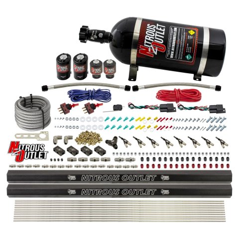 Nitrous Outlet Oxide Systems 00-10362-ALC-R-DS-10 DS 4Cyl 4Sol Direct Port Sys w/ Dual Rails ALC Low PSI(10LB Bottle) 90° Noz