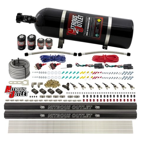 Nitrous Outlet Oxide Systems 00-10362-ALC-R-DS-15 DS 4Cyl 4Sol Direct Port Sys w/ Dual Rails ALC Low PSI(15LB Bottle) 90° Noz