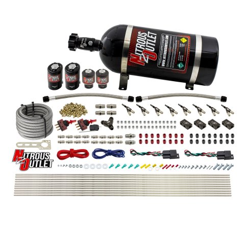 Nitrous Outlet Oxide Systems 00-10362-E85-DS-10 DS 4Cyl 4Sol Direct Port Sys w/ Dist Blocks E85 Low PSI(10Lb Bottle) 90°Noz