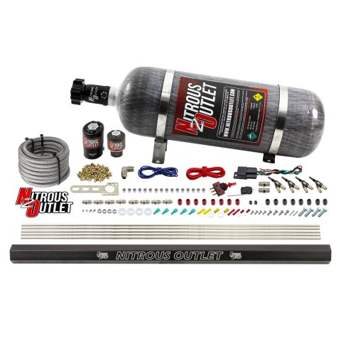 Nitrous Outlet Oxide Systems 00-10362-E85-R-12 4 Cyl 2 Sol Direct Port Sys w/ Single Rail E85 Low PSI(12Lb Bottle) 90° Noz