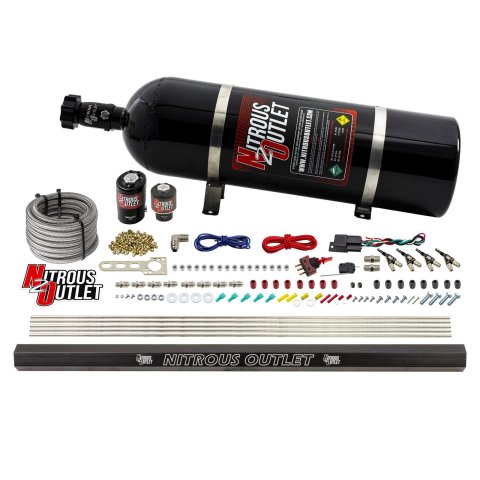 Nitrous Outlet Oxide Systems 00-10362-E85-R-15 4 Cyl 2 Sol Direct Port Sys w/ Single Rail E85 Low PSI(15Lb Bottle) 90° Noz