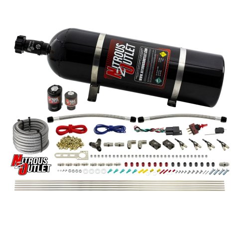 Nitrous Outlet Oxide Systems 00-10363-E85-R-15 4 Cyl 2 Sol Direct Port Sys w/ Single Rail E85 Hi PSI(15Lb Bottle)(90° Noz)