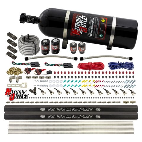 Nitrous Outlet Oxide Systems 00-10398-ALC-DS-15 DS 6Cyl 4Sol Direct Port Sys w/Dist Blocks ALC Low PSI(15Lb Bottle)90° Noz