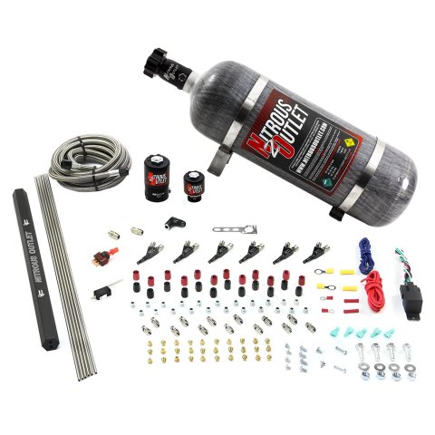 Nitrous Outlet Oxide Systems 00-10399-E85-R-12 6 Cyl 2 Sol Direct Port Sys w/ Single Rail E85 Hi PSI(12Lb Bottle)(90° Noz)