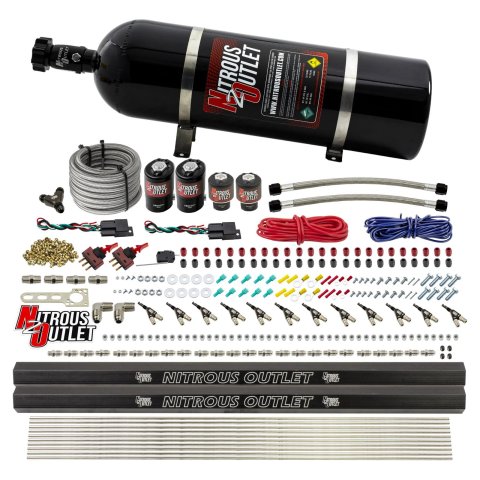 Nitrous Outlet Oxide Systems 00-10399-E85-R-DS-15 DS 6Cyl 4Sol Direct Port Sys w/ Dual Rails E85 Hi PSI(15Lb Bottle)(90° Noz)