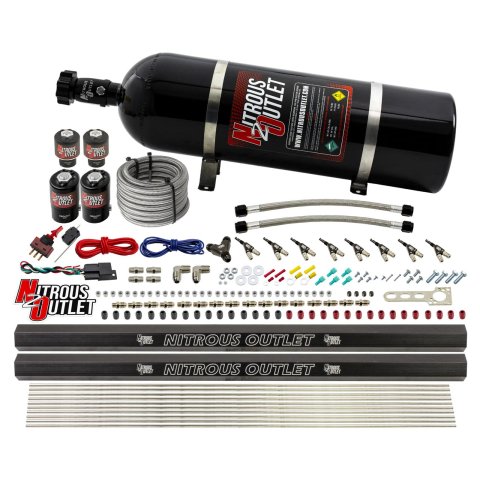 Nitrous Outlet Oxide Systems 00-10474-ALC-H-R-15 8 Cyl 4 Sol Direct Port Sys w/ Dual Rails ALC Low PSI(15Lb Bottle)(90° Noz)