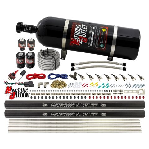 Nitrous Outlet Oxide Systems 00-10474-ALC-L-R-15 8 Cyl 4 Sol Direct Port Sys w/ Dual Rails ALC Low PSI(15Lb Bottle)(90° Noz)