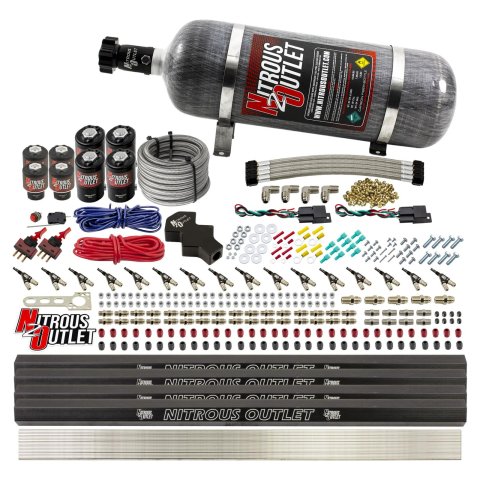 Nitrous Outlet Oxide Systems 00-10474-L-R-DS-12 DS 8 Cyl 8 Sol Direct Port Sys w/ Quad Rails Low PSI(12Lb Bottle)(90° Noz)