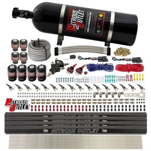 Nitrous Outlet Oxide Systems 00-10475-L-R-DS-15 DS 8 Cyl 8 Sol Direct Port Sys w/ Quad Rails Hi PSI(15Lb Bottle)(90° Noz)