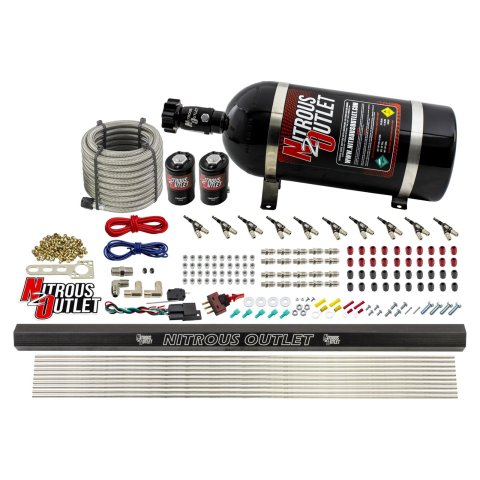 Nitrous Outlet Oxide Systems 00-10494-E85-R-10 10 Cyl 2Sol Direct Port Sys w/ Single Rail E85 Low PSI(10Lb Bottle)90° Noz
