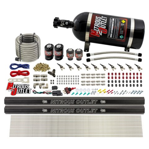 Nitrous Outlet Oxide Systems 00-10497-E85-R-10 10 Cyl 4 Sol Direct Port Sys w/ Dual Rail E85 Hi PSI(10Lb Bottle)(90° Noz)